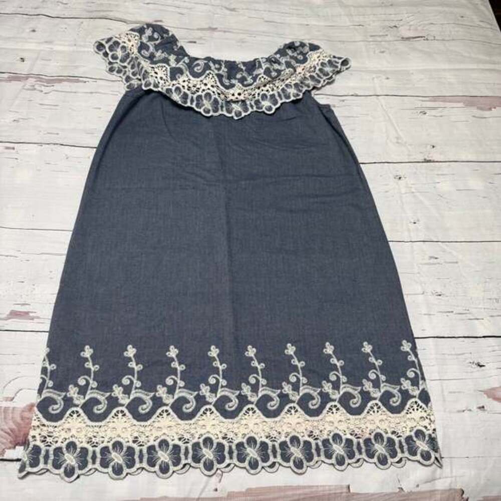 Kaktus Chambray Denim Eyelet Lace Ruffled Off The Shoulder Dress